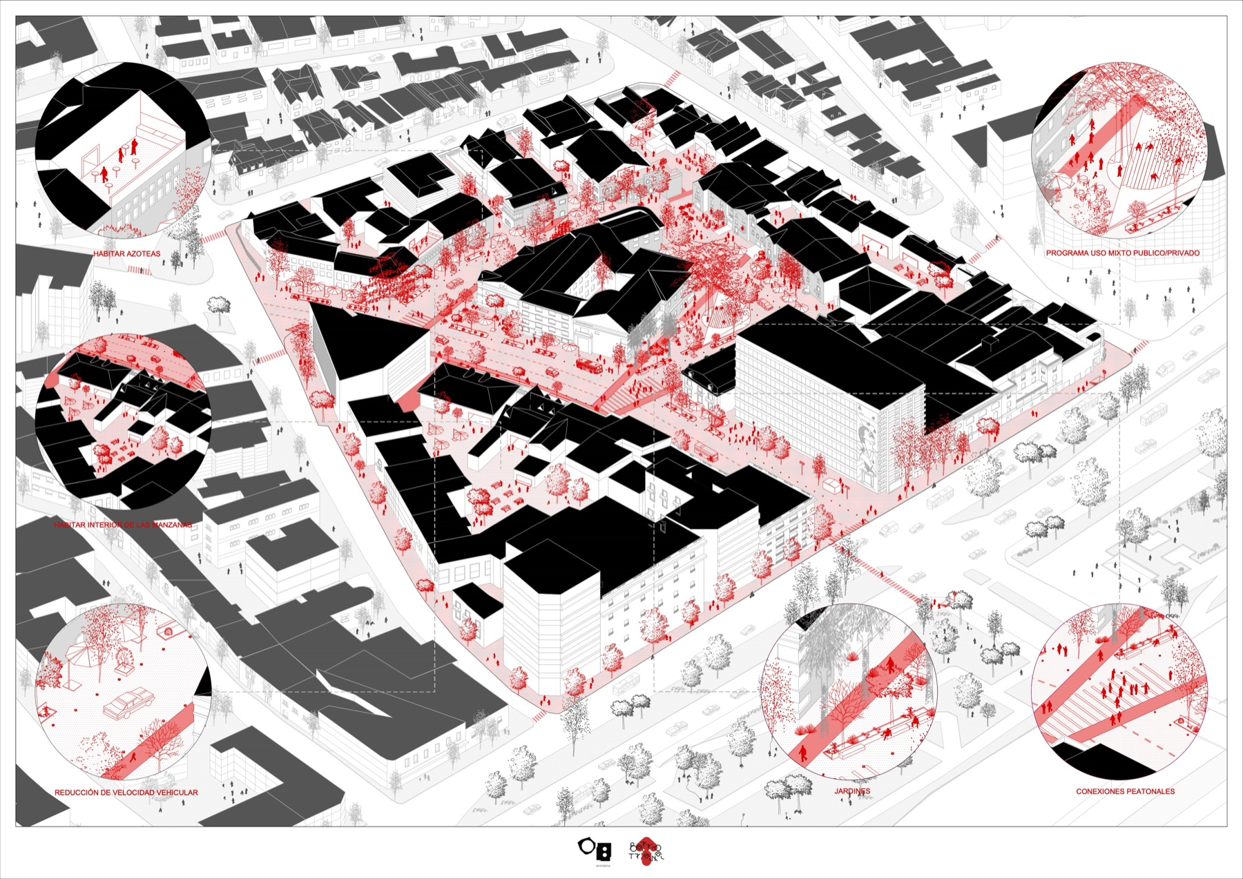 Isometría del Barrio Triana con seis estrategias urbanas exploradas por Archibits Arquitectos: habitar azoteas, uso mixto público/privado, habitar interior de las manzanas, reducción de velocidad vehicular, jardines, conexiones peatonales.