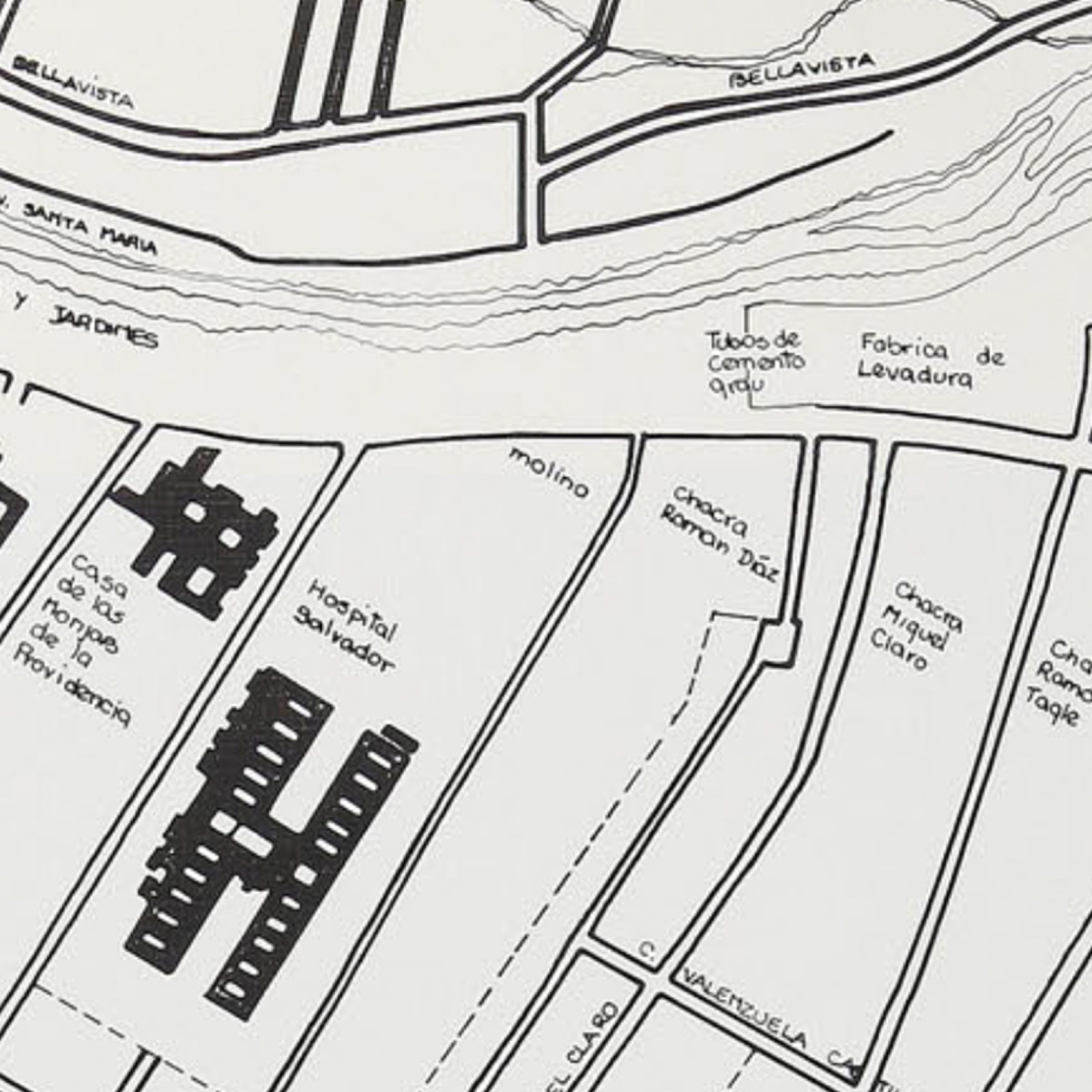 Plano del sector en 1901: chacras al sur del río Mapocho, Hospital Salvador